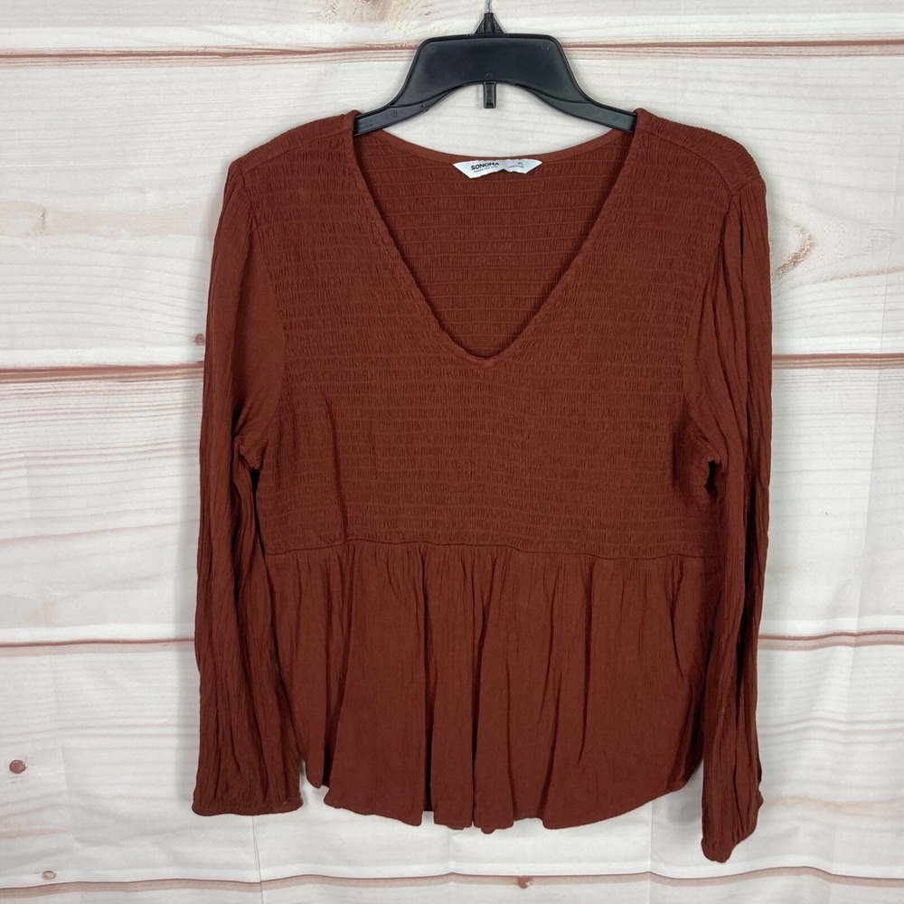 Sonoma Top Womens PL Brown Smocked Blouse V-Neck Long Sleeve Pullover Solid